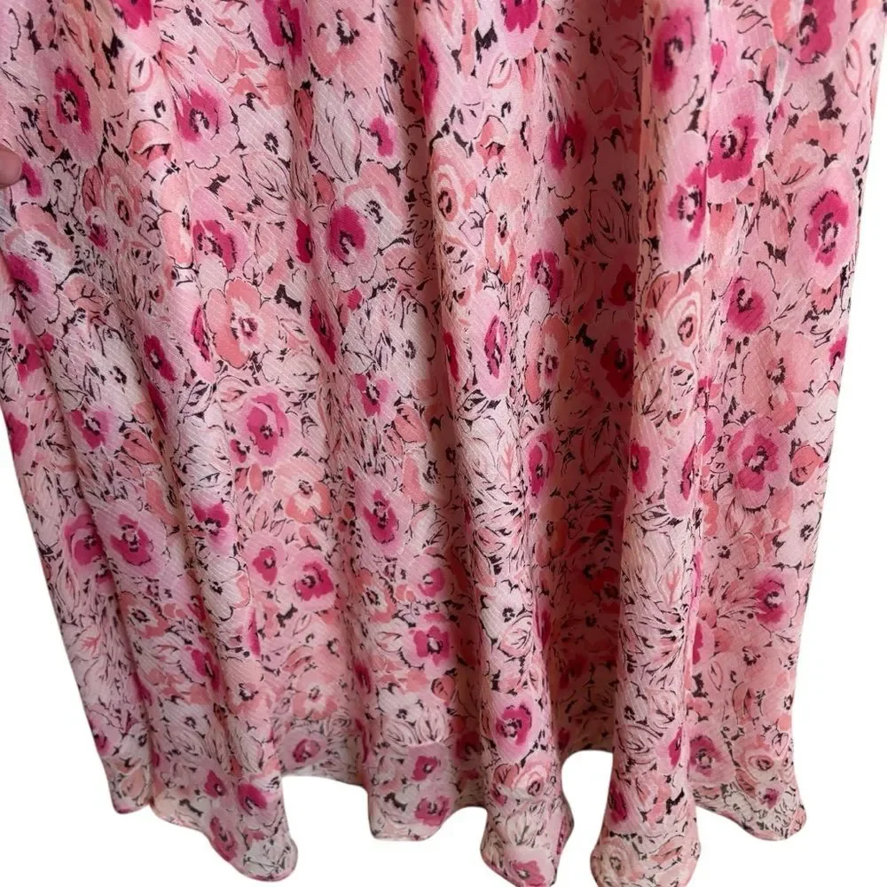 Vintage Y2K Ann Taylor Pink Floral Silk Fairy Dress 10 Petite Feminine Ruffled